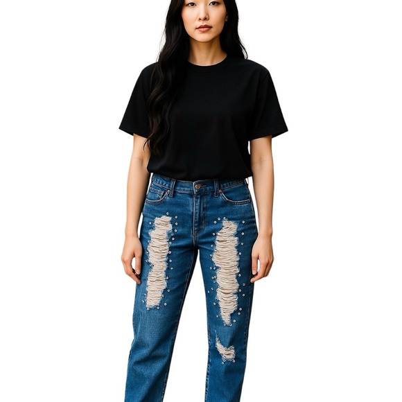 High Waist Ripped Rhinestone Pearl & Silver Ball Embellished Straight Leg Jean… - Picture 6 of 10